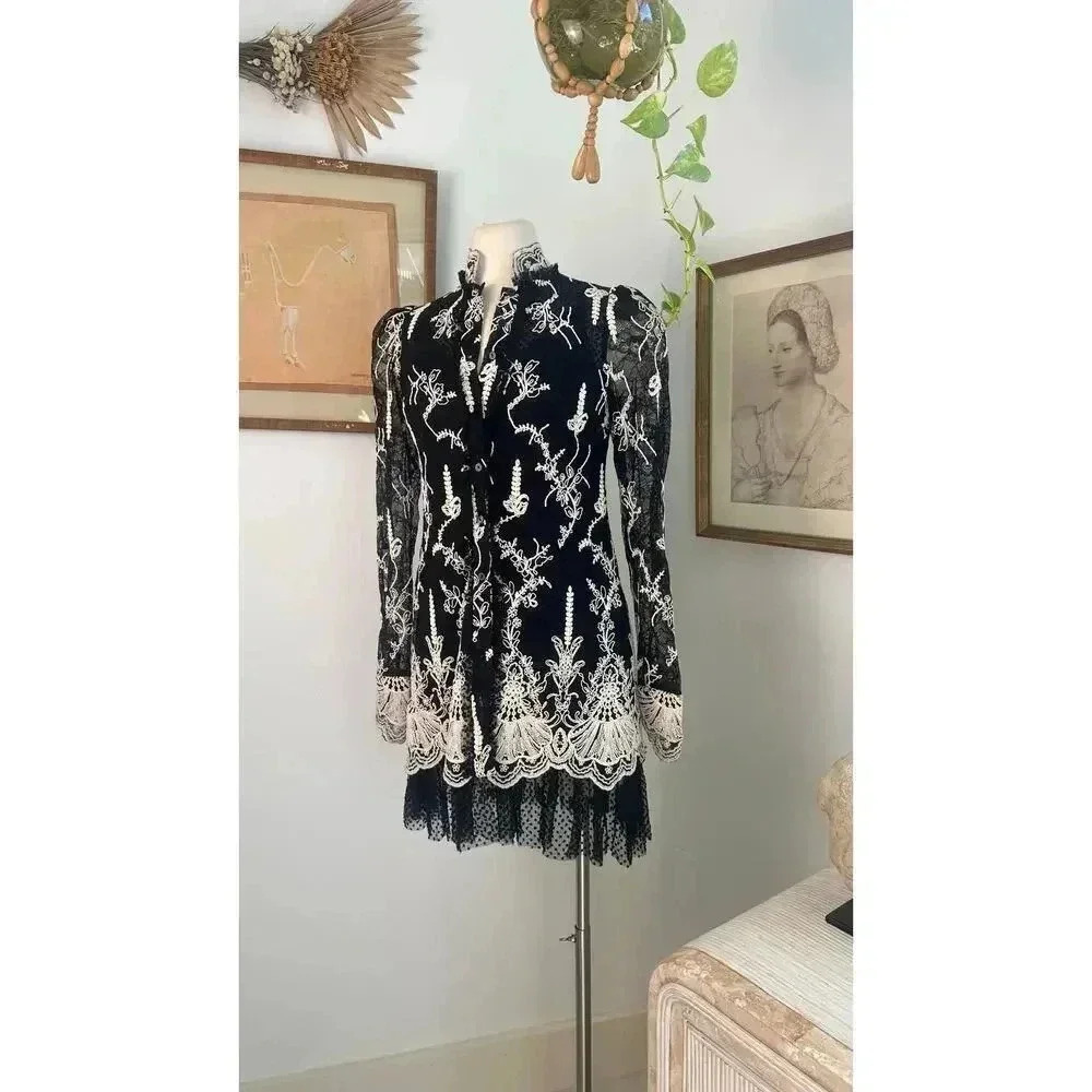 NWT Alexis Black Lace Dress White Floral Embroidery Elegant Designer Tunic Style